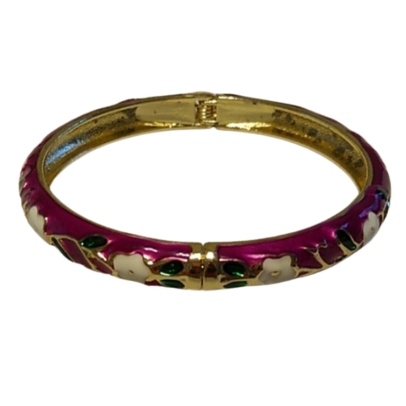 Jewelry - Vintage Fuchsia Enamel Cloisonne Goldtone Floral Bangle Bracelet Hinge Opening